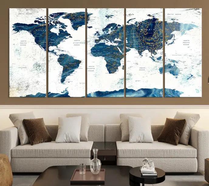 A Navy Blue World Map Wall Art Canvas Print, elegantly gallery wrapped for a chic look, brings sophistication to the modern living room. The museum-quality canvas offers lasting vibrancy with its UV-protective coating.