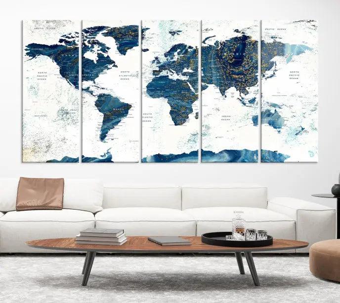 A Navy Blue World Map Wall Art Canvas Print, elegantly gallery wrapped for a chic look, brings sophistication to the modern living room. The museum-quality canvas offers lasting vibrancy with its UV-protective coating.