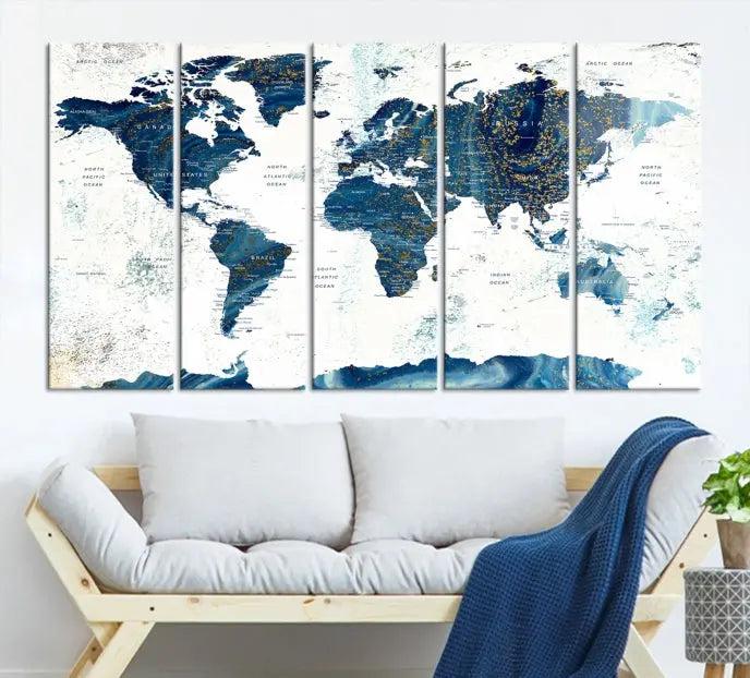 A Navy Blue World Map Wall Art Canvas Print, elegantly gallery wrapped for a chic look, brings sophistication to the modern living room. The museum-quality canvas offers lasting vibrancy with its UV-protective coating.