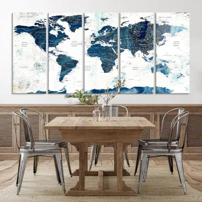 A Navy Blue World Map Wall Art Canvas Print, elegantly gallery wrapped for a chic look, brings sophistication to the modern living room. The museum-quality canvas offers lasting vibrancy with its UV-protective coating.