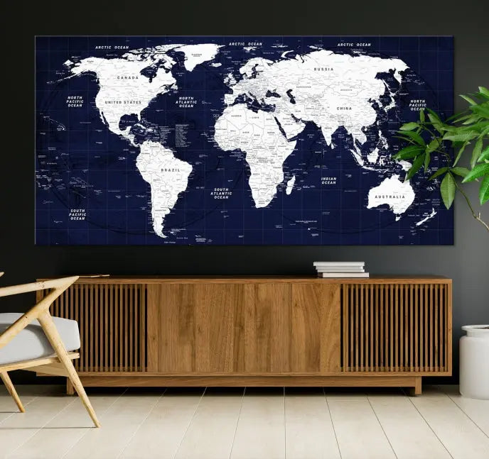 This Navy Blue World Map Wall Art features a detailed push pin design on a deep blue background. Crafted on museum-quality canvas, it adds the perfect artistic touch to your home. Order today and enjoy free shipping!