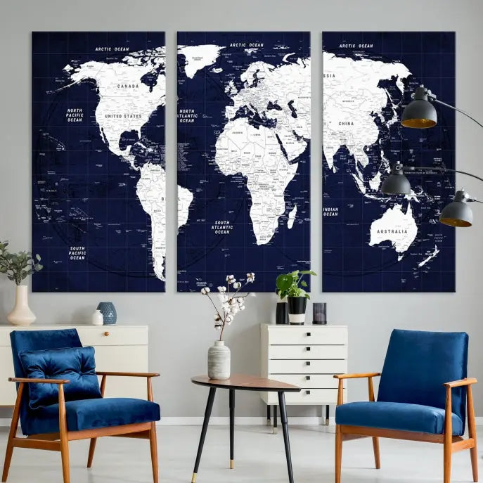 This Navy Blue World Map Wall Art features a detailed push pin design on a deep blue background. Crafted on museum-quality canvas, it adds the perfect artistic touch to your home. Order today and enjoy free shipping!