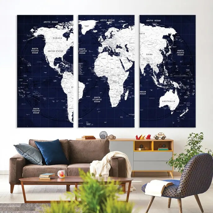 This Navy Blue World Map Wall Art features a detailed push pin design on a deep blue background. Crafted on museum-quality canvas, it adds the perfect artistic touch to your home. Order today and enjoy free shipping!