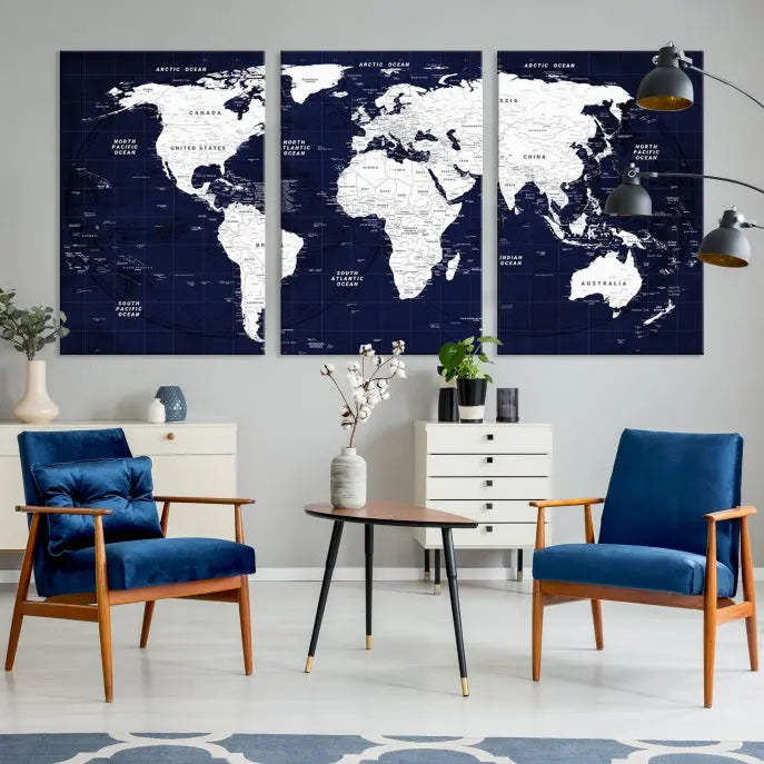 This Navy Blue World Map Wall Art features a detailed push pin design on a deep blue background. Crafted on museum-quality canvas, it adds the perfect artistic touch to your home. Order today and enjoy free shipping!