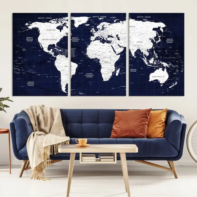 This Navy Blue World Map Wall Art features a detailed push pin design on a deep blue background. Crafted on museum-quality canvas, it adds the perfect artistic touch to your home. Order today and enjoy free shipping!