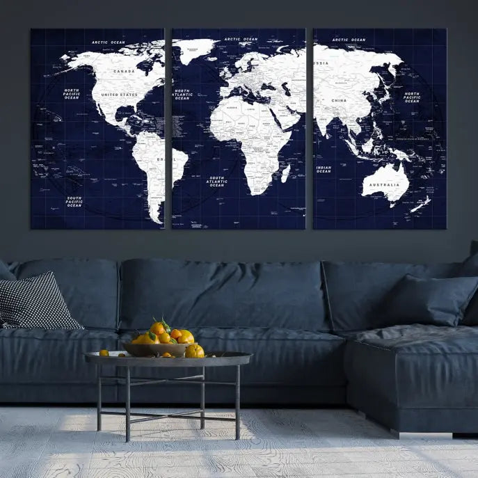 This Navy Blue World Map Wall Art features a detailed push pin design on a deep blue background. Crafted on museum-quality canvas, it adds the perfect artistic touch to your home. Order today and enjoy free shipping!