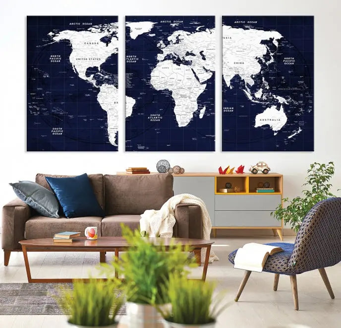 This Navy Blue World Map Wall Art features a detailed push pin design on a deep blue background. Crafted on museum-quality canvas, it adds the perfect artistic touch to your home. Order today and enjoy free shipping!