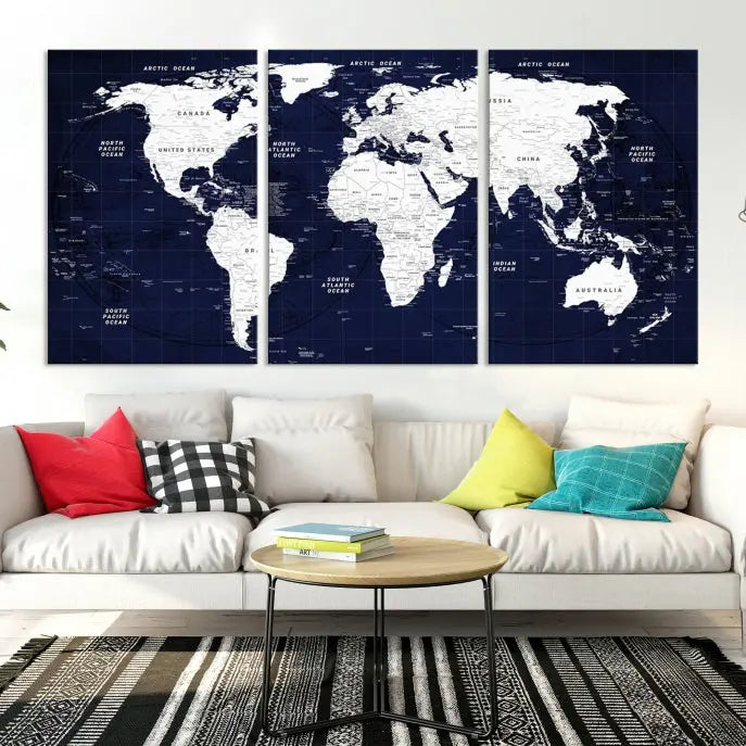 This Navy Blue World Map Wall Art features a detailed push pin design on a deep blue background. Crafted on museum-quality canvas, it adds the perfect artistic touch to your home. Order today and enjoy free shipping!