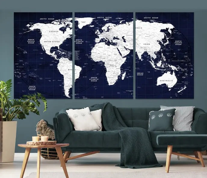 This Navy Blue World Map Wall Art features a detailed push pin design on a deep blue background. Crafted on museum-quality canvas, it adds the perfect artistic touch to your home. Order today and enjoy free shipping!