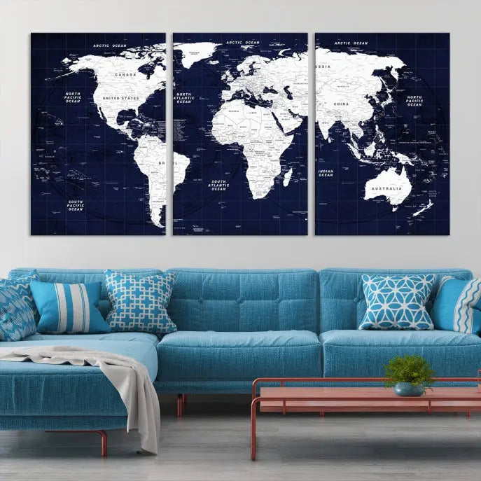 This Navy Blue World Map Wall Art features a detailed push pin design on a deep blue background. Crafted on museum-quality canvas, it adds the perfect artistic touch to your home. Order today and enjoy free shipping!