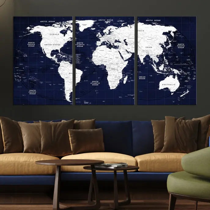 This Navy Blue World Map Wall Art features a detailed push pin design on a deep blue background. Crafted on museum-quality canvas, it adds the perfect artistic touch to your home. Order today and enjoy free shipping!