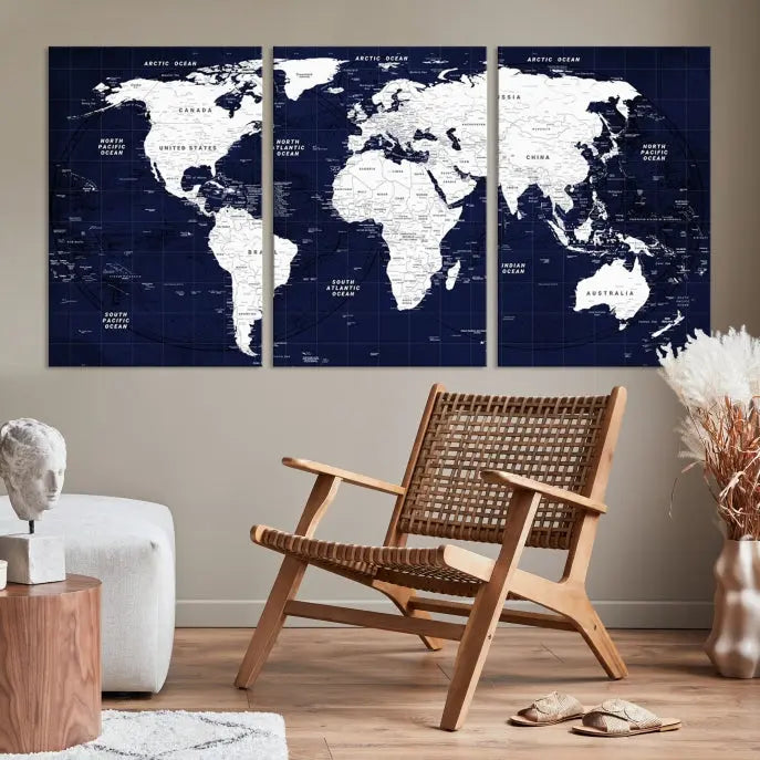 This Navy Blue World Map Wall Art features a detailed push pin design on a deep blue background. Crafted on museum-quality canvas, it adds the perfect artistic touch to your home. Order today and enjoy free shipping!