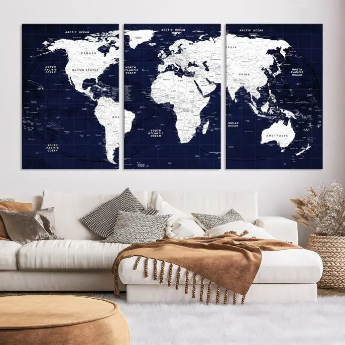 This Navy Blue World Map Wall Art features a detailed push pin design on a deep blue background. Crafted on museum-quality canvas, it adds the perfect artistic touch to your home. Order today and enjoy free shipping!