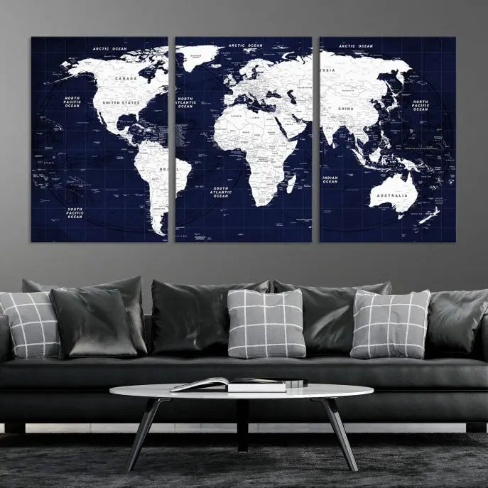 This Navy Blue World Map Wall Art features a detailed push pin design on a deep blue background. Crafted on museum-quality canvas, it adds the perfect artistic touch to your home. Order today and enjoy free shipping!