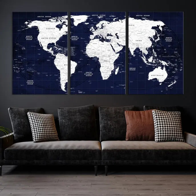 This Navy Blue World Map Wall Art features a detailed push pin design on a deep blue background. Crafted on museum-quality canvas, it adds the perfect artistic touch to your home. Order today and enjoy free shipping!