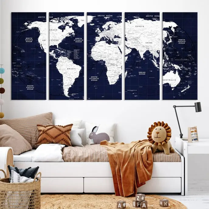 This Navy Blue World Map Wall Art features a detailed push pin design on a deep blue background. Crafted on museum-quality canvas, it adds the perfect artistic touch to your home. Order today and enjoy free shipping!