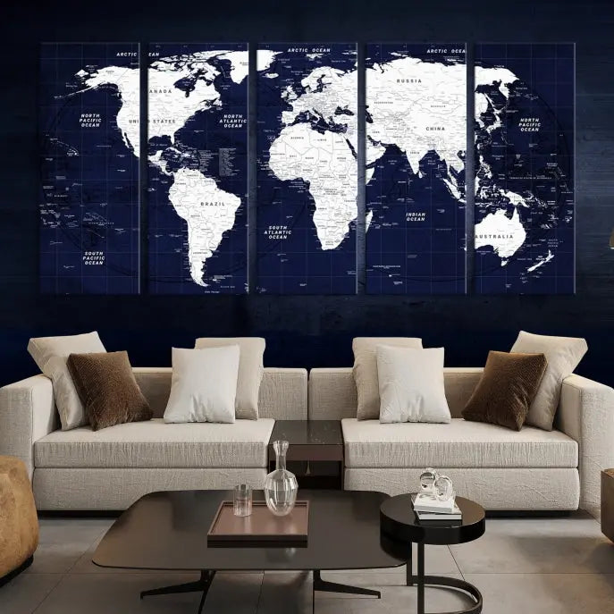 This Navy Blue World Map Wall Art features a detailed push pin design on a deep blue background. Crafted on museum-quality canvas, it adds the perfect artistic touch to your home. Order today and enjoy free shipping!