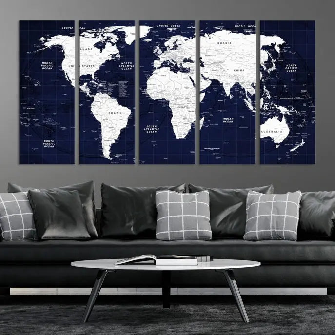 This Navy Blue World Map Wall Art features a detailed push pin design on a deep blue background. Crafted on museum-quality canvas, it adds the perfect artistic touch to your home. Order today and enjoy free shipping!