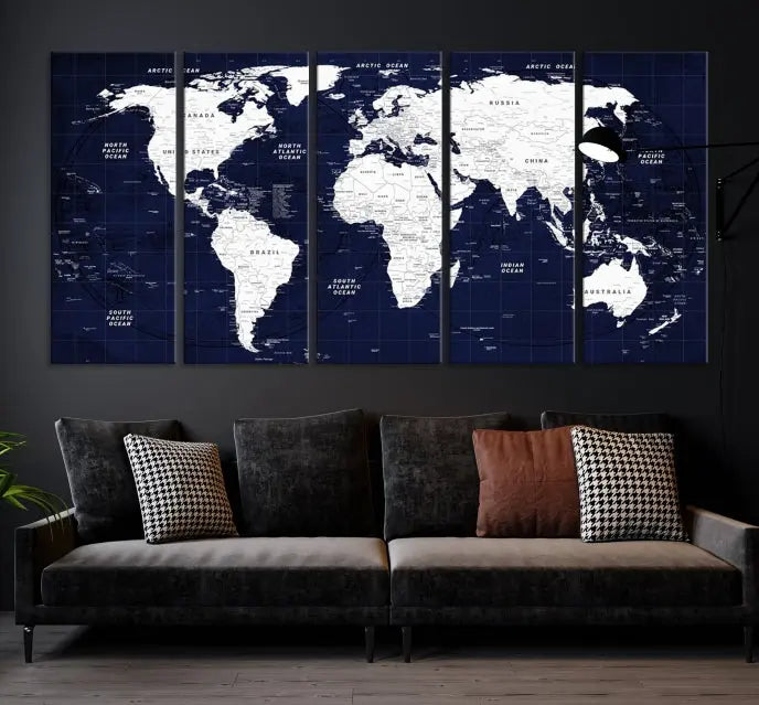 This Navy Blue World Map Wall Art features a detailed push pin design on a deep blue background. Crafted on museum-quality canvas, it adds the perfect artistic touch to your home. Order today and enjoy free shipping!