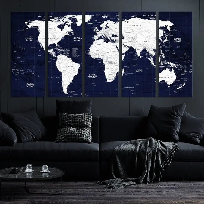 This Navy Blue World Map Wall Art features a detailed push pin design on a deep blue background. Crafted on museum-quality canvas, it adds the perfect artistic touch to your home. Order today and enjoy free shipping!