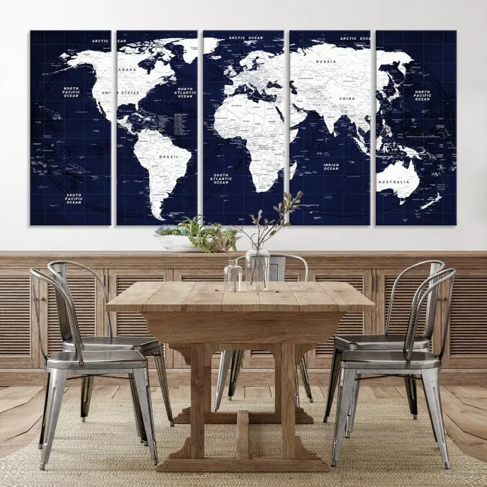 This Navy Blue World Map Wall Art features a detailed push pin design on a deep blue background. Crafted on museum-quality canvas, it adds the perfect artistic touch to your home. Order today and enjoy free shipping!