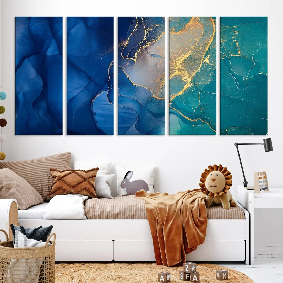 A Navy Blue and Green Marble Fluid Effect Wall Art Abstract Canvas Wall Art Print, featuring captivating patterns of blue and teal hues interlaced with gold veining, is ready to hang and protected by a UV-coating to preserve its vibrant colors over time.