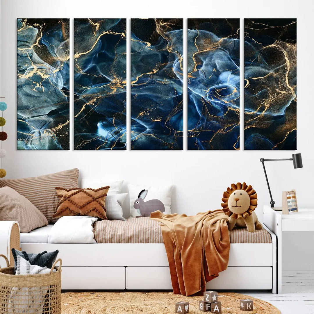 The Navy Blue and Smokey Marble Fluid Effect Abstract Canvas Wall Art Print features a swirling blue and gold pattern in a gallery-wrapped, museum-quality design.