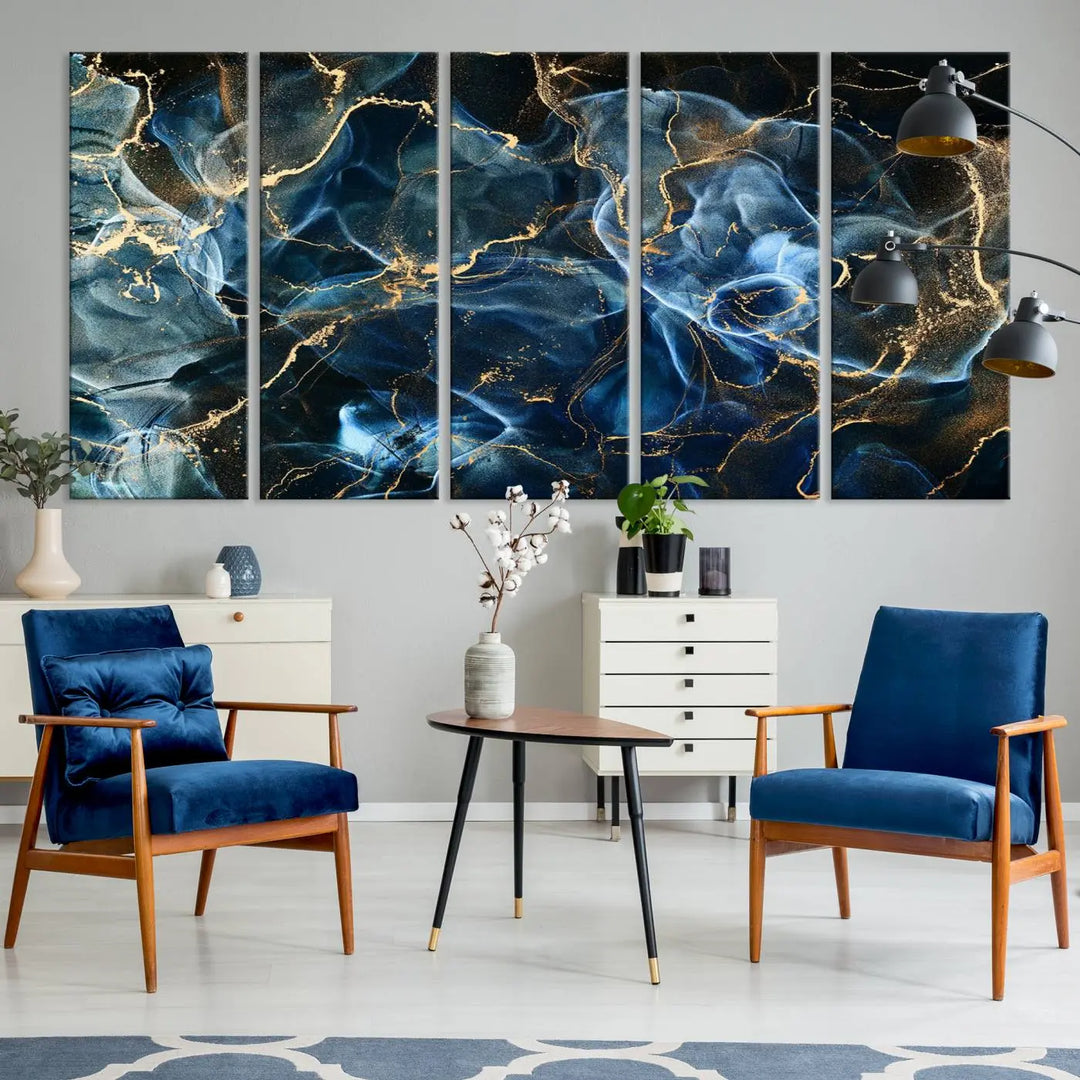 The Navy Blue and Smokey Marble Fluid Effect Abstract Canvas Wall Art Print features a swirling blue and gold pattern in a gallery-wrapped, museum-quality design.