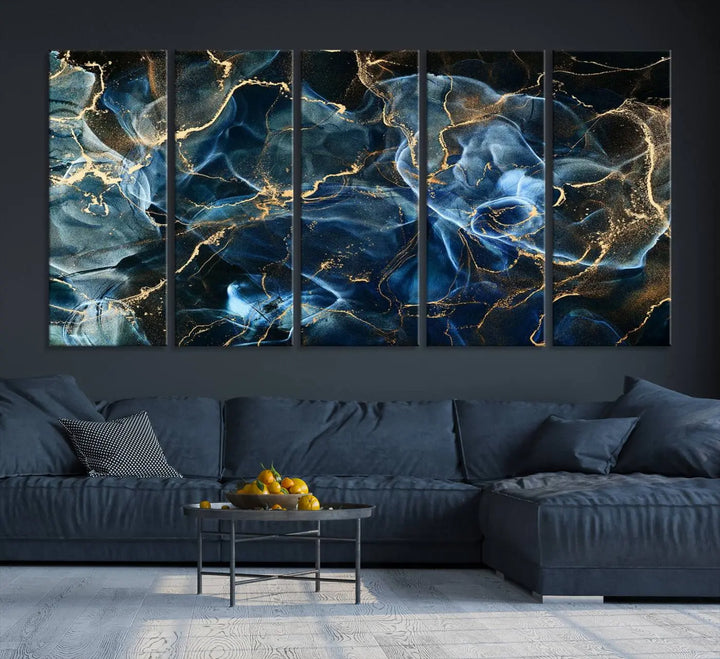 The Navy Blue and Smokey Marble Fluid Effect Abstract Canvas Wall Art Print features a swirling blue and gold pattern in a gallery-wrapped, museum-quality design.