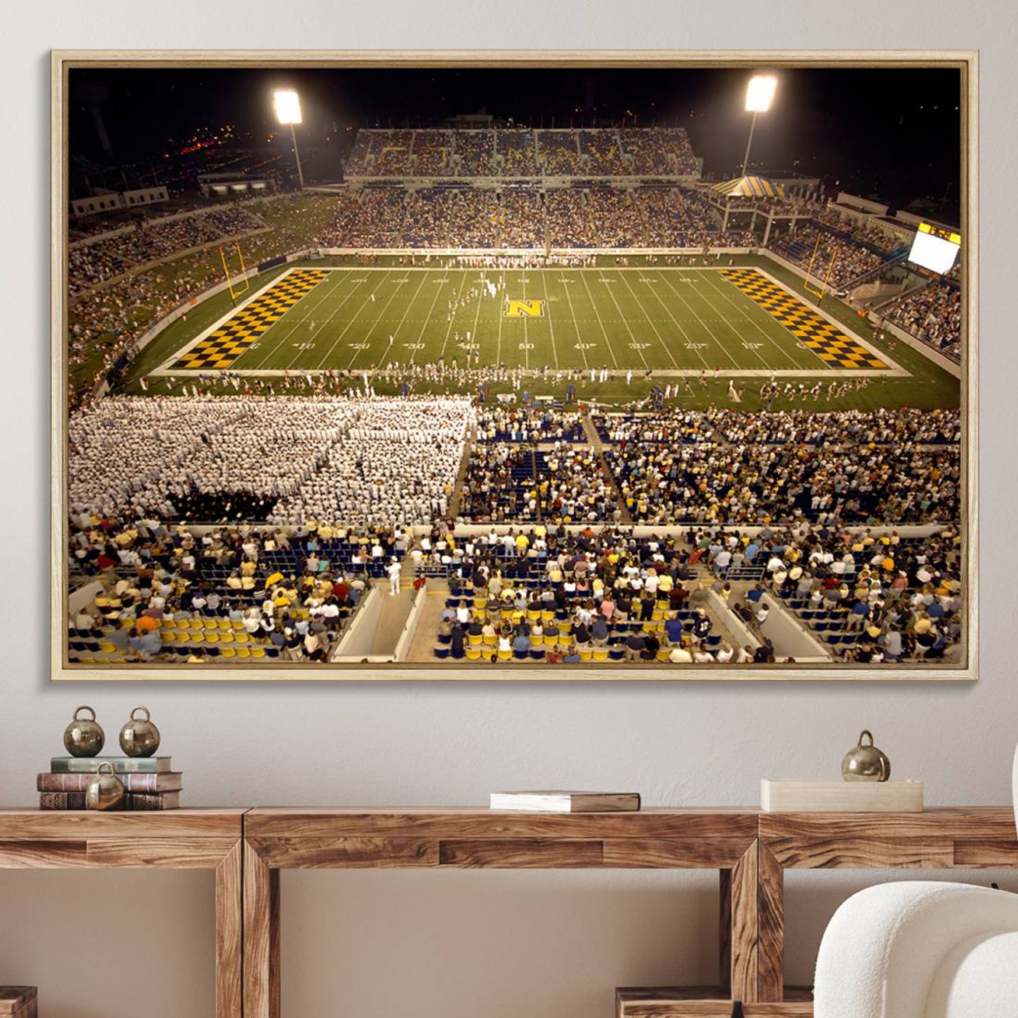 79918-MGV-FC-36X24_Natural-Navy Midshipmen Football Team Print – Marine Corps Memorial Stadium Canvas Wall Art for Home, Office, Living Room