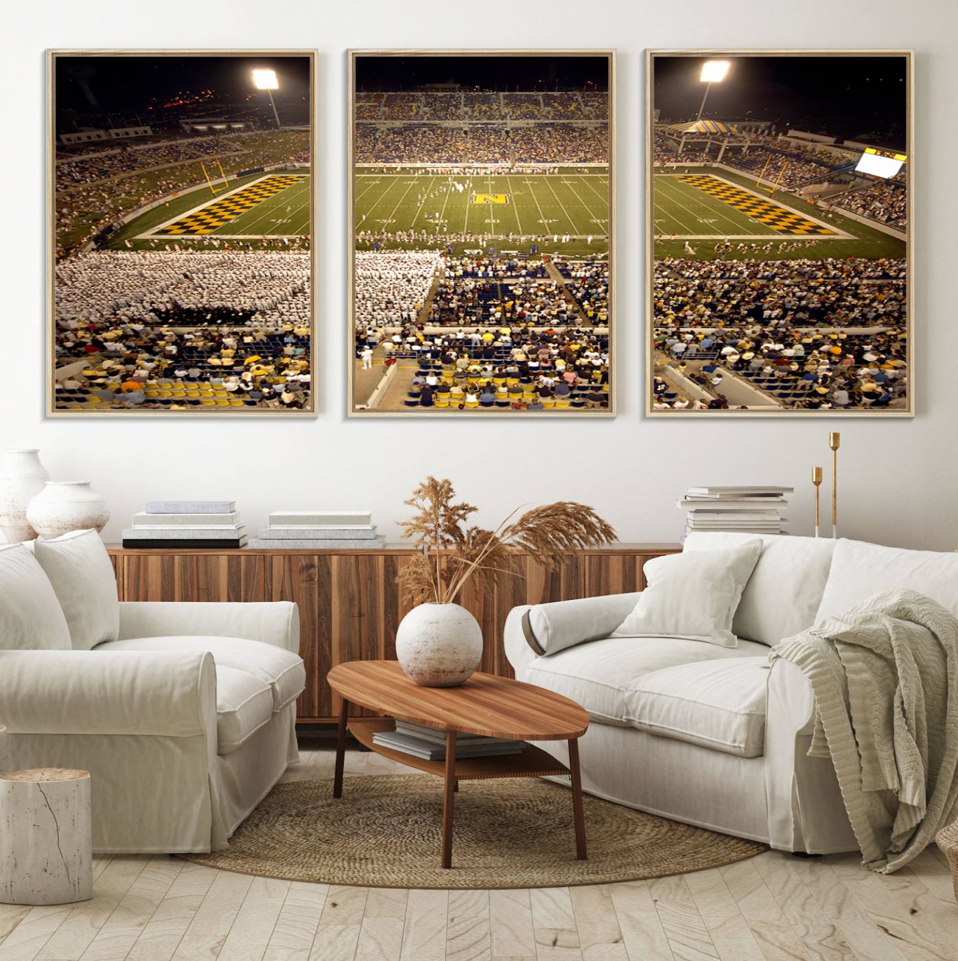 79918-MGV-FC-60X30-3P_Natural-Navy Midshipmen Football Team Print – Marine Corps Memorial Stadium Canvas Wall Art for Home, Office, Living Room