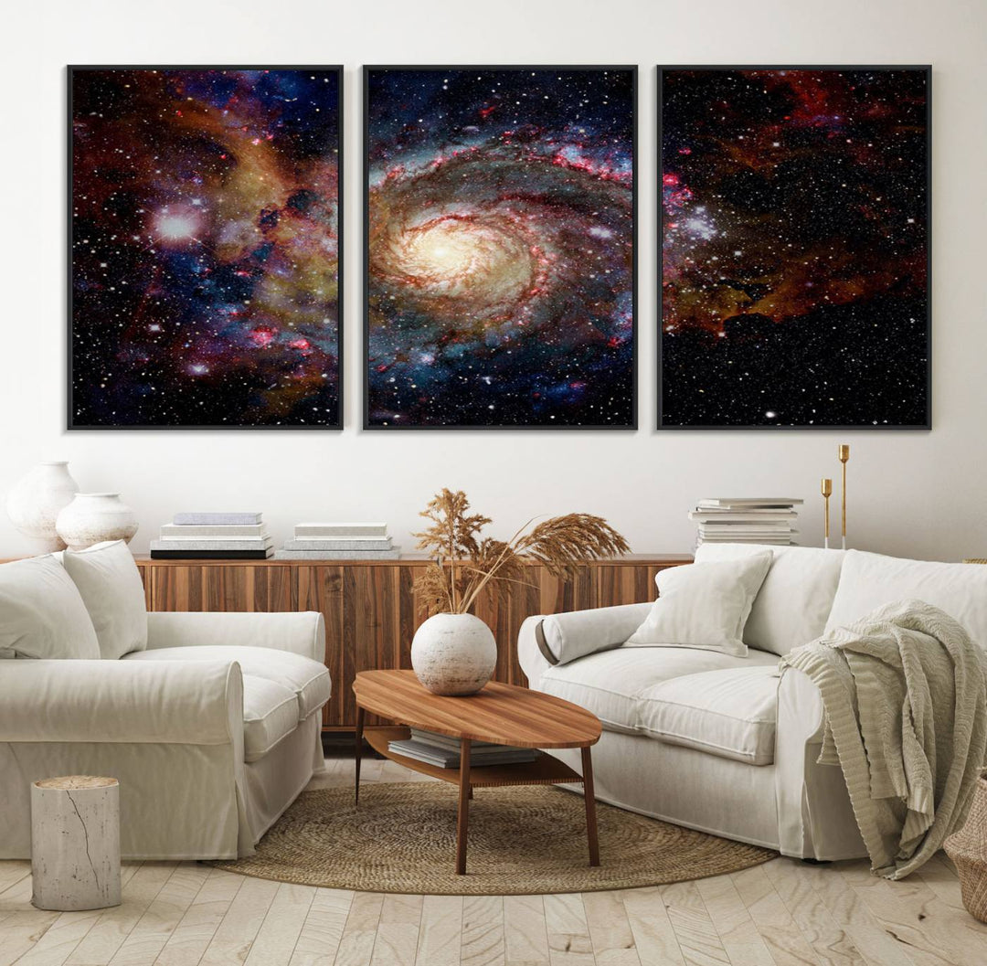 91650-MGV-FC-60X30-3P_Black-Nebula and Galaxies in Space Wall Art Canvas Print, Spiral Galaxy Wall Art Canvas Print
