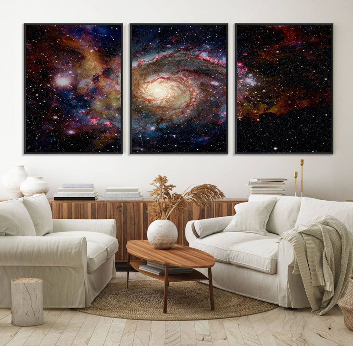 91650-MGV-FC-60X30-3P_Black-Nebula and Galaxies in Space Wall Art Canvas Print, Spiral Galaxy Wall Art Canvas Print