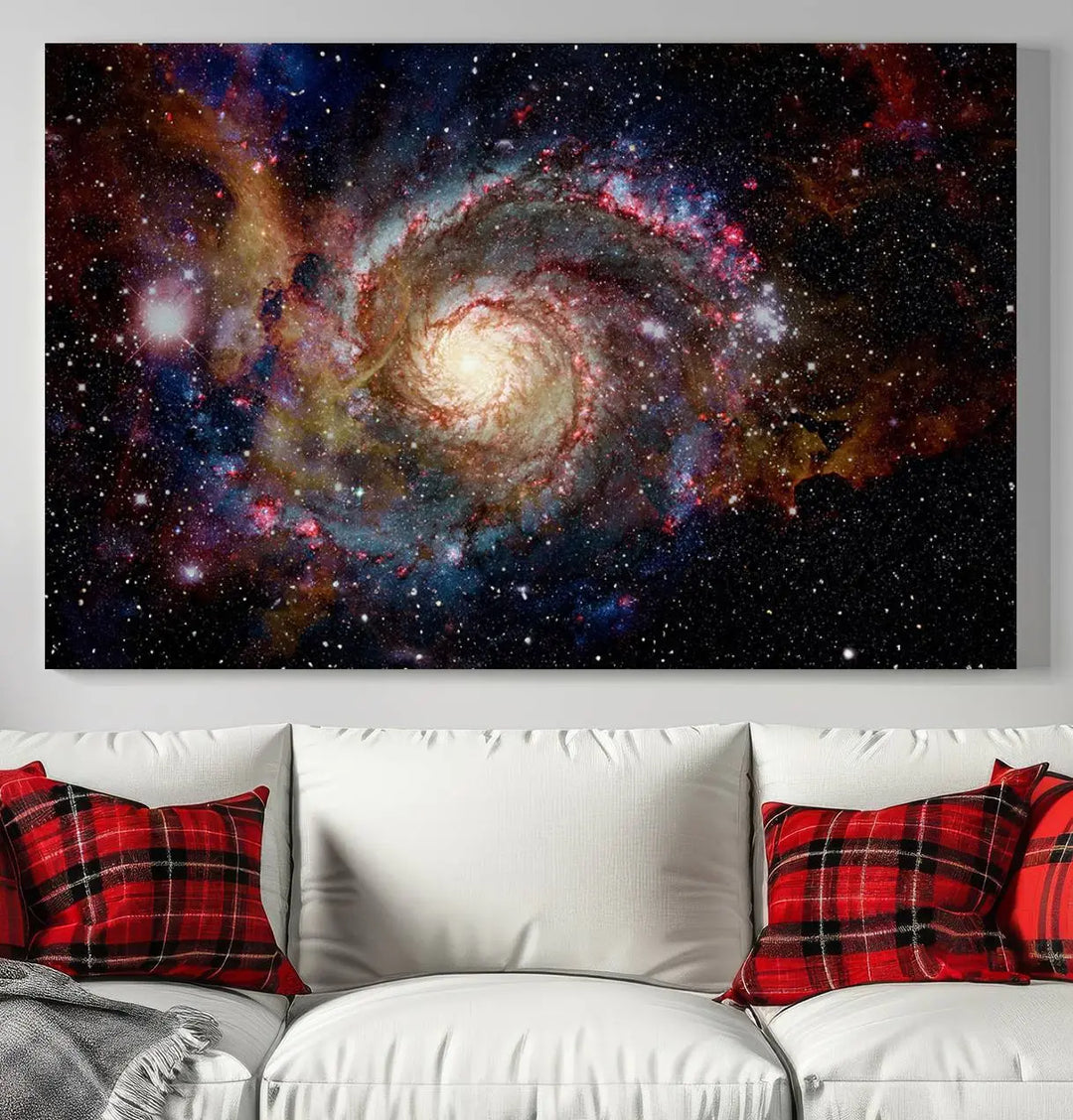 The modern living room is adorned with the Nebula and Galaxies in Space Wall Art, a spiral galaxy canvas print that showcases high-resolution details on museum-quality canvas. The UV-protective coating ensures its stunning allure is preserved.