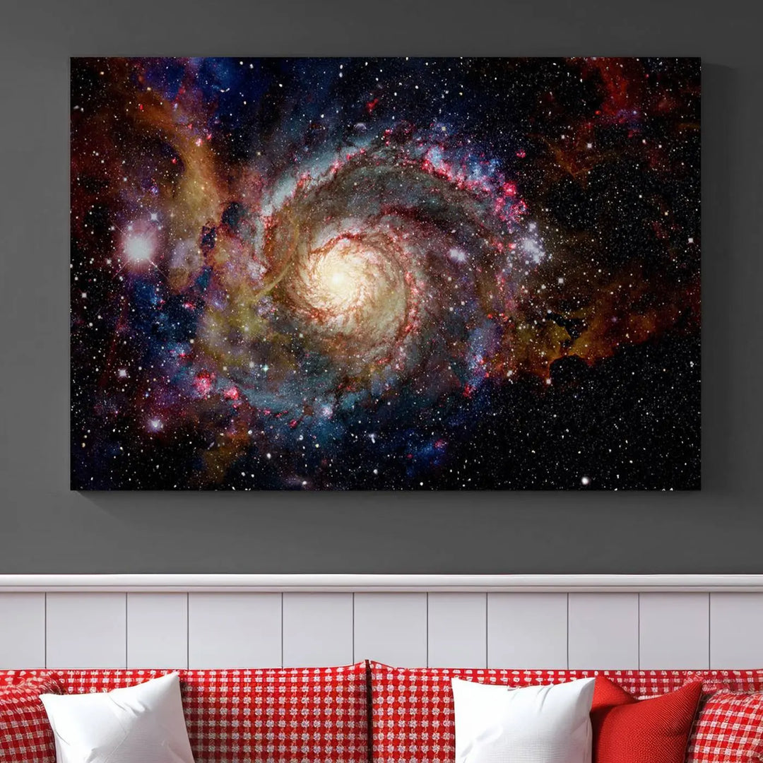 The modern living room is adorned with the Nebula and Galaxies in Space Wall Art, a spiral galaxy canvas print that showcases high-resolution details on museum-quality canvas. The UV-protective coating ensures its stunning allure is preserved.