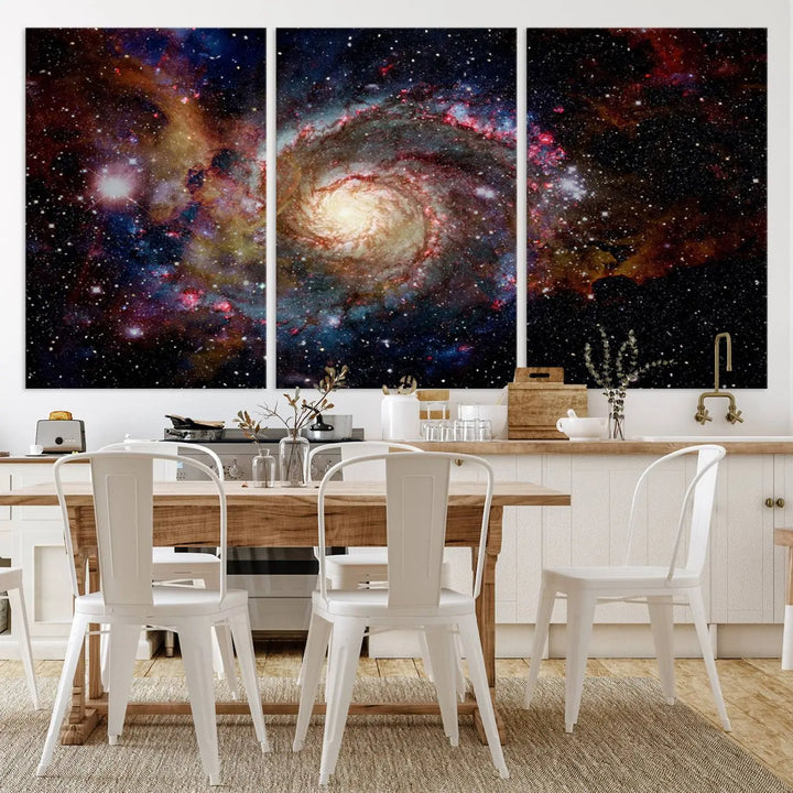 The modern living room is adorned with the Nebula and Galaxies in Space Wall Art, a spiral galaxy canvas print that showcases high-resolution details on museum-quality canvas. The UV-protective coating ensures its stunning allure is preserved.