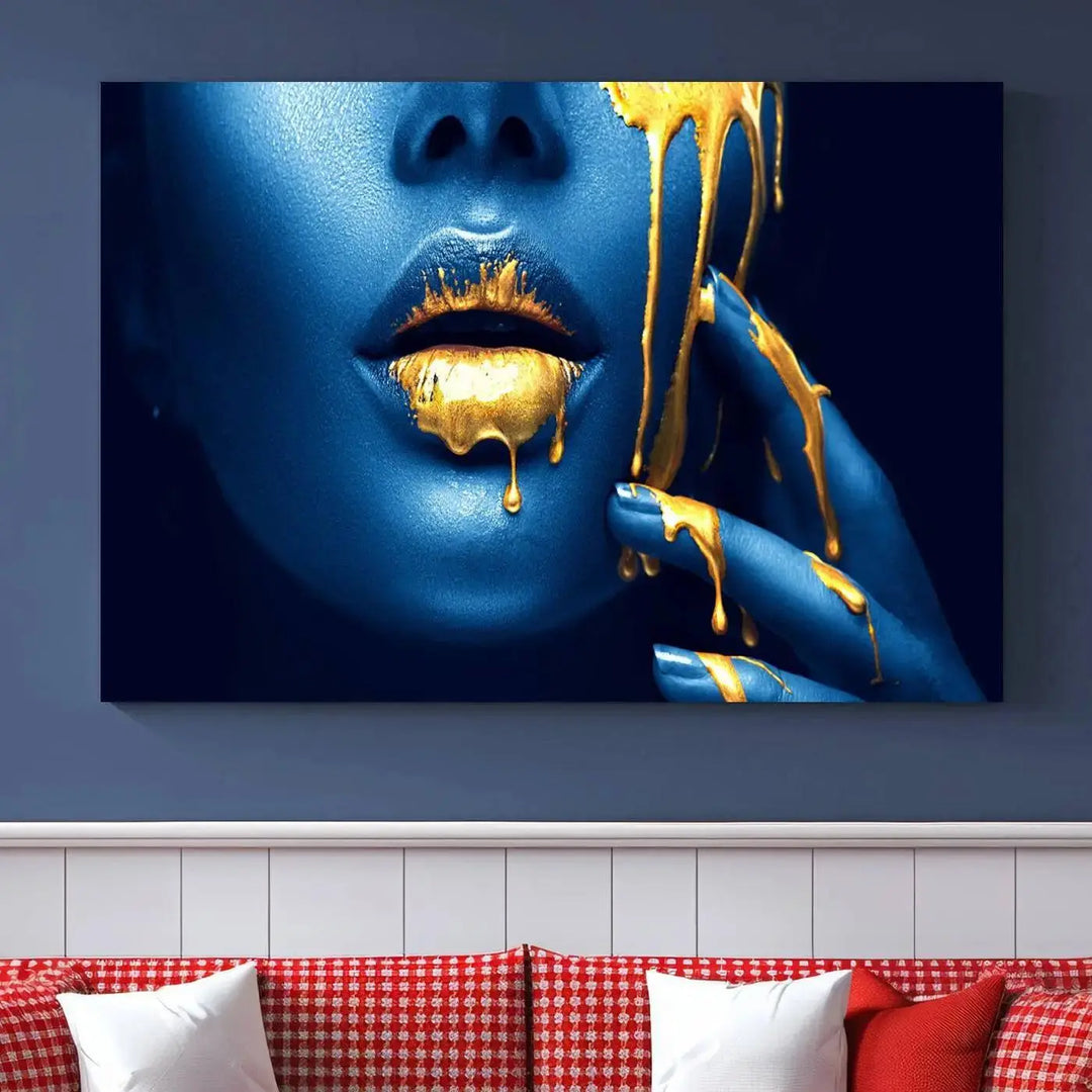 A modern living room showcases the "Neon Blue Gold Lips Photography Canvas Wall Art Print Fashion Art Beauty," depicting a blue face with golden accents reminiscent of vibrant contemporary lip art.