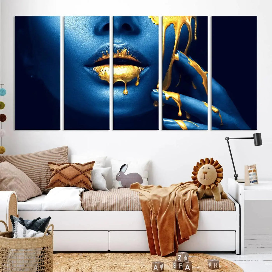 A modern living room showcases the "Neon Blue Gold Lips Photography Canvas Wall Art Print Fashion Art Beauty," depicting a blue face with golden accents reminiscent of vibrant contemporary lip art.