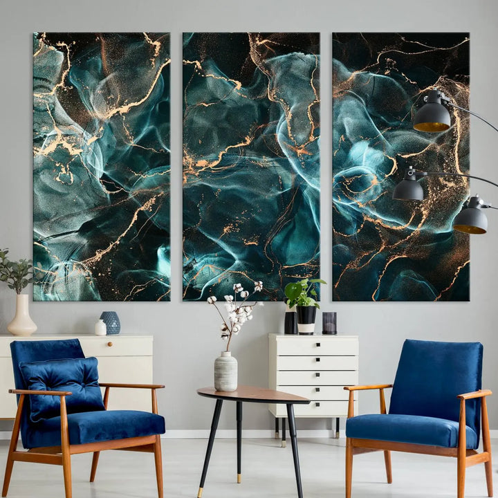 The "Neon Blue Marble Smokey Effect" abstract canvas wall art print, adorned with teal and gold swirls, is professionally hand-assembled with a UV-protective coating.