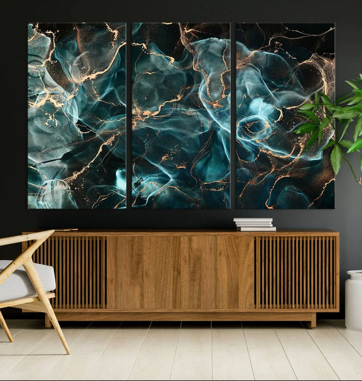 The "Neon Blue Marble Smokey Effect" abstract canvas wall art print, adorned with teal and gold swirls, is professionally hand-assembled with a UV-protective coating.