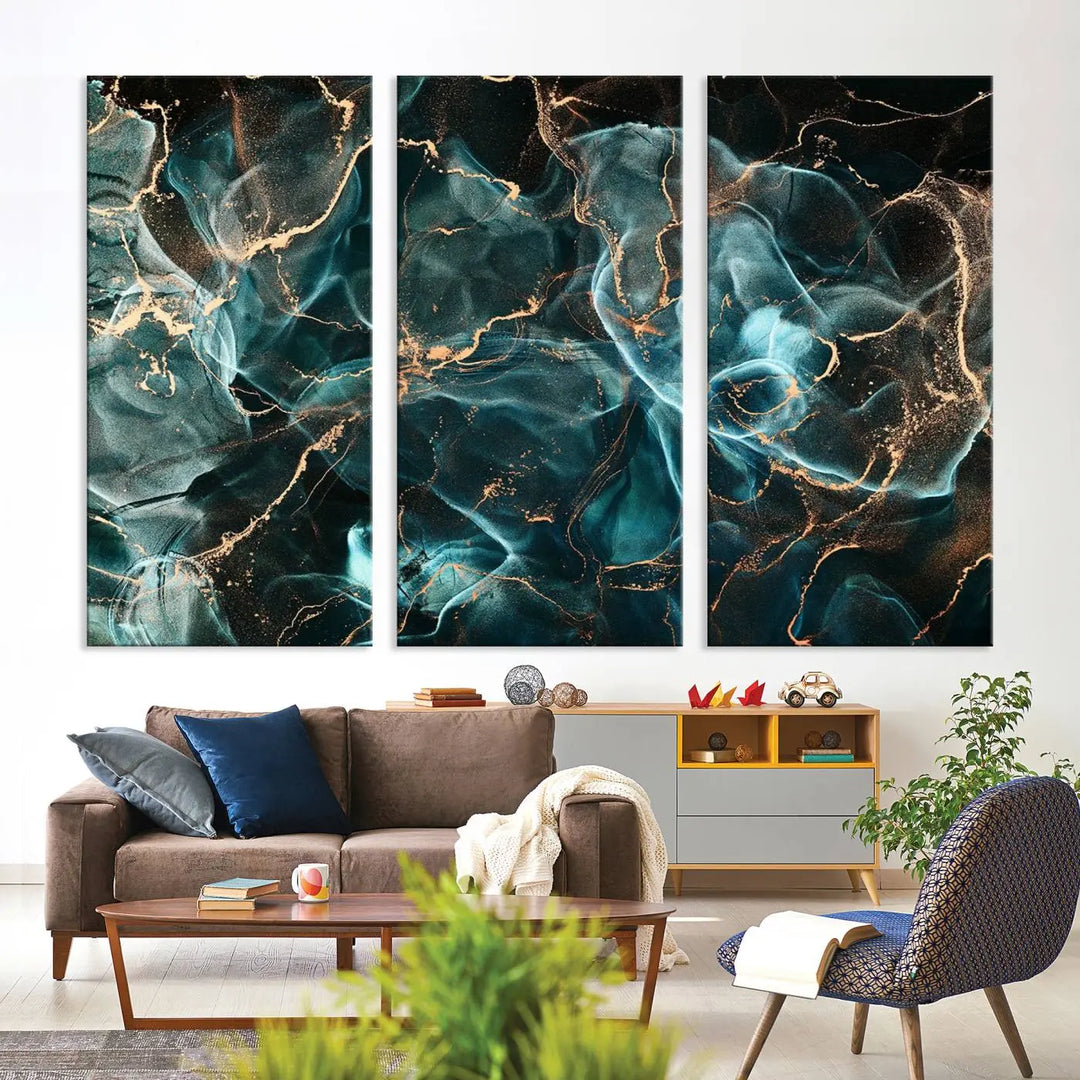 The "Neon Blue Marble Smokey Effect" abstract canvas wall art print, adorned with teal and gold swirls, is professionally hand-assembled with a UV-protective coating.