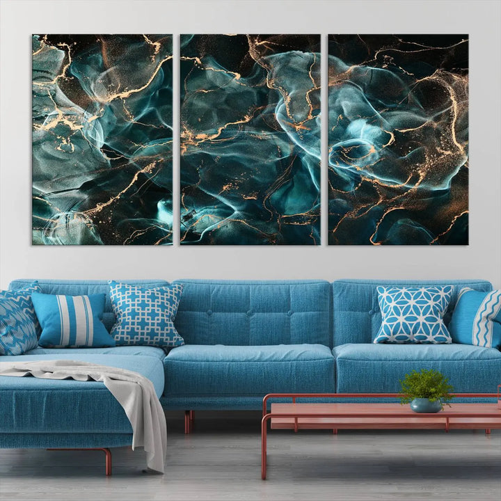 The "Neon Blue Marble Smokey Effect" abstract canvas wall art print, adorned with teal and gold swirls, is professionally hand-assembled with a UV-protective coating.