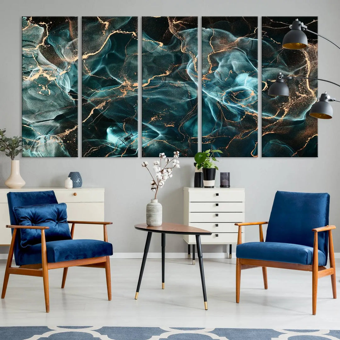 The "Neon Blue Marble Smokey Effect" abstract canvas wall art print, adorned with teal and gold swirls, is professionally hand-assembled with a UV-protective coating.