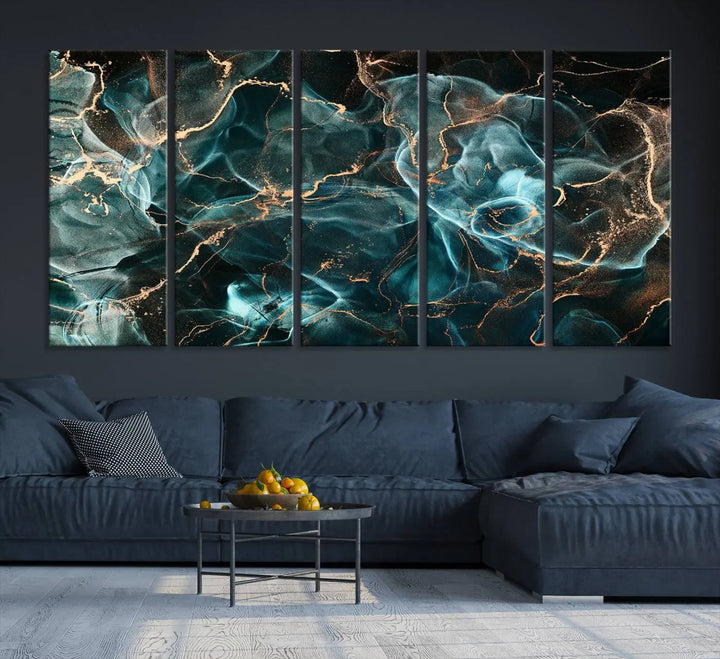 The "Neon Blue Marble Smokey Effect" abstract canvas wall art print, adorned with teal and gold swirls, is professionally hand-assembled with a UV-protective coating.