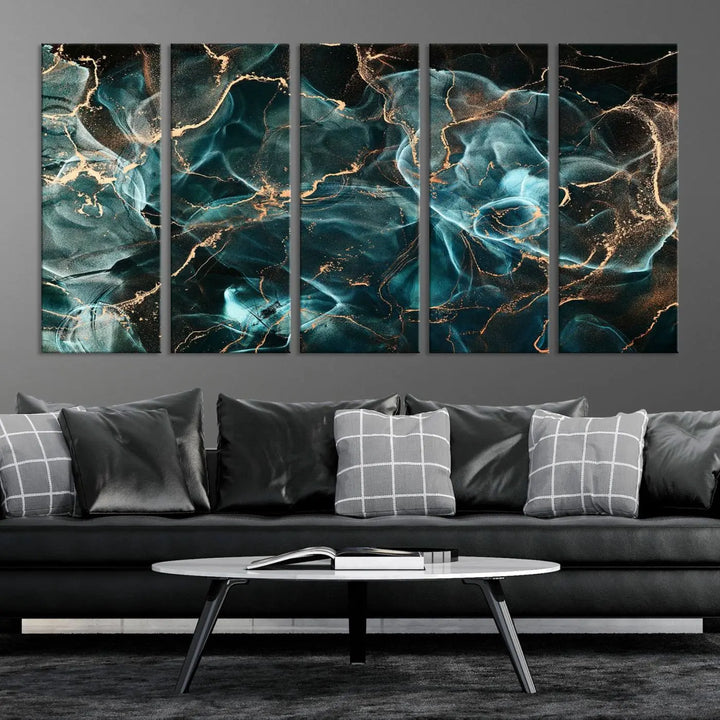 The "Neon Blue Marble Smokey Effect" abstract canvas wall art print, adorned with teal and gold swirls, is professionally hand-assembled with a UV-protective coating.