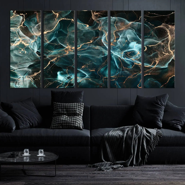 The "Neon Blue Marble Smokey Effect" abstract canvas wall art print, adorned with teal and gold swirls, is professionally hand-assembled with a UV-protective coating.