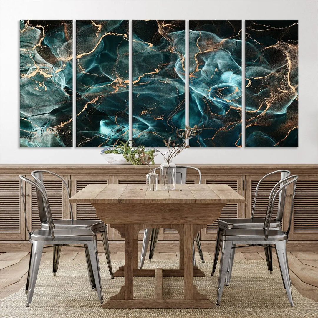 The "Neon Blue Marble Smokey Effect" abstract canvas wall art print, adorned with teal and gold swirls, is professionally hand-assembled with a UV-protective coating.