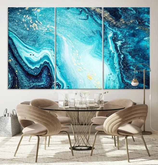 The Neon Blue and Gold Marble Fluid Effect Wall Art Abstract Canvas Wall Art Print graces the wall, displayed on museum-quality canvas.