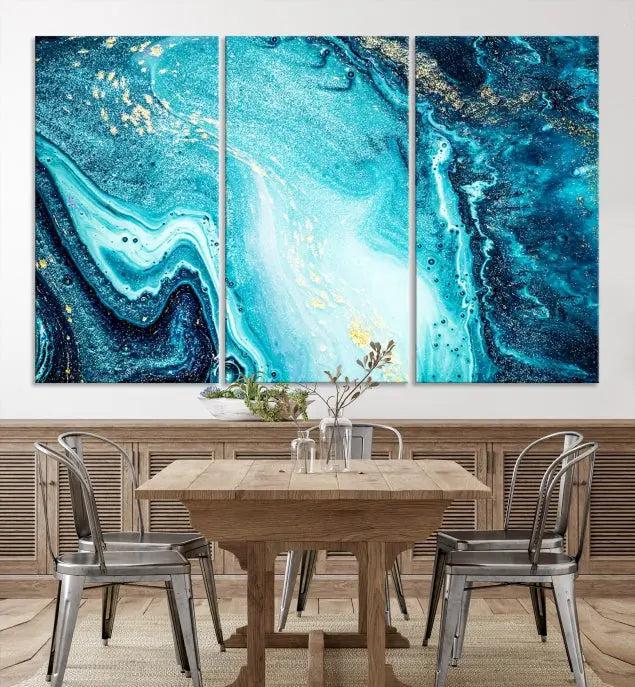 The Neon Blue and Gold Marble Fluid Effect Wall Art Abstract Canvas Wall Art Print graces the wall, displayed on museum-quality canvas.