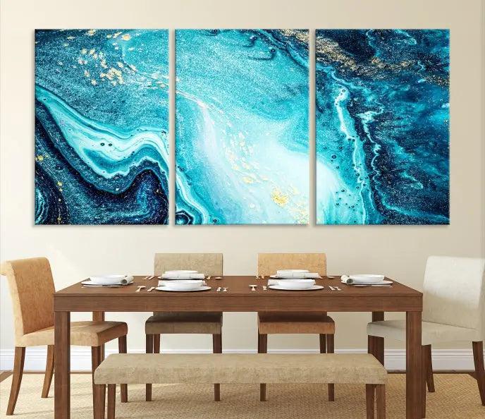 The Neon Blue and Gold Marble Fluid Effect Wall Art Abstract Canvas Wall Art Print graces the wall, displayed on museum-quality canvas.